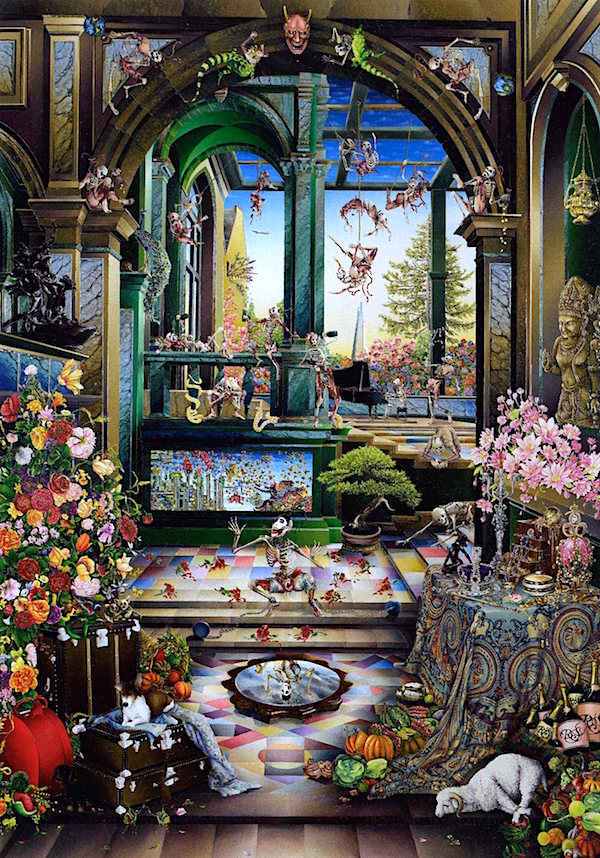 Raqib Shaw with a long title: Self Portrait in the Studio at Peckham (After Steenwyck the Younger II)