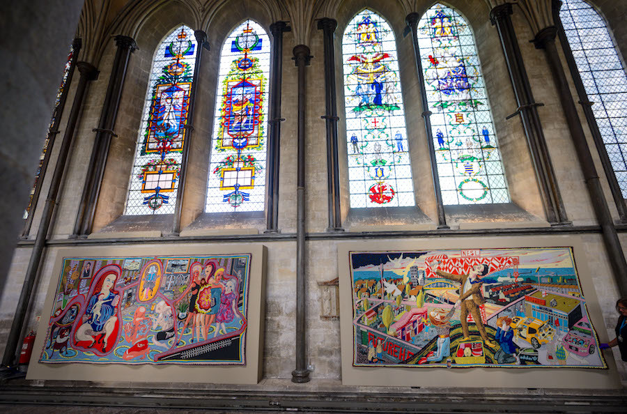 Grayson Perry Tapestries On Present At Salisbury Cathedral